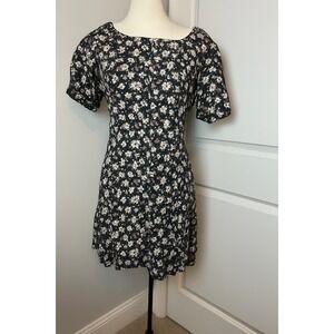 Vintage Basic Editions Black Floral Rayon Dress Short Sleeve Lace Up Back Large